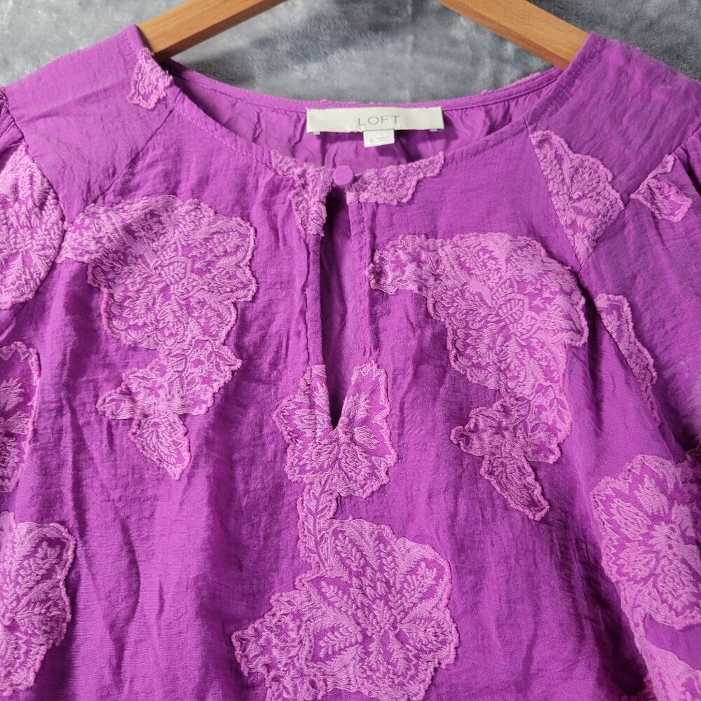 LOFT Womens‎ M Purple Floral Jacquard Blouse Long Sleeve Keyhole Boho Romantic - Picture 5 of 10